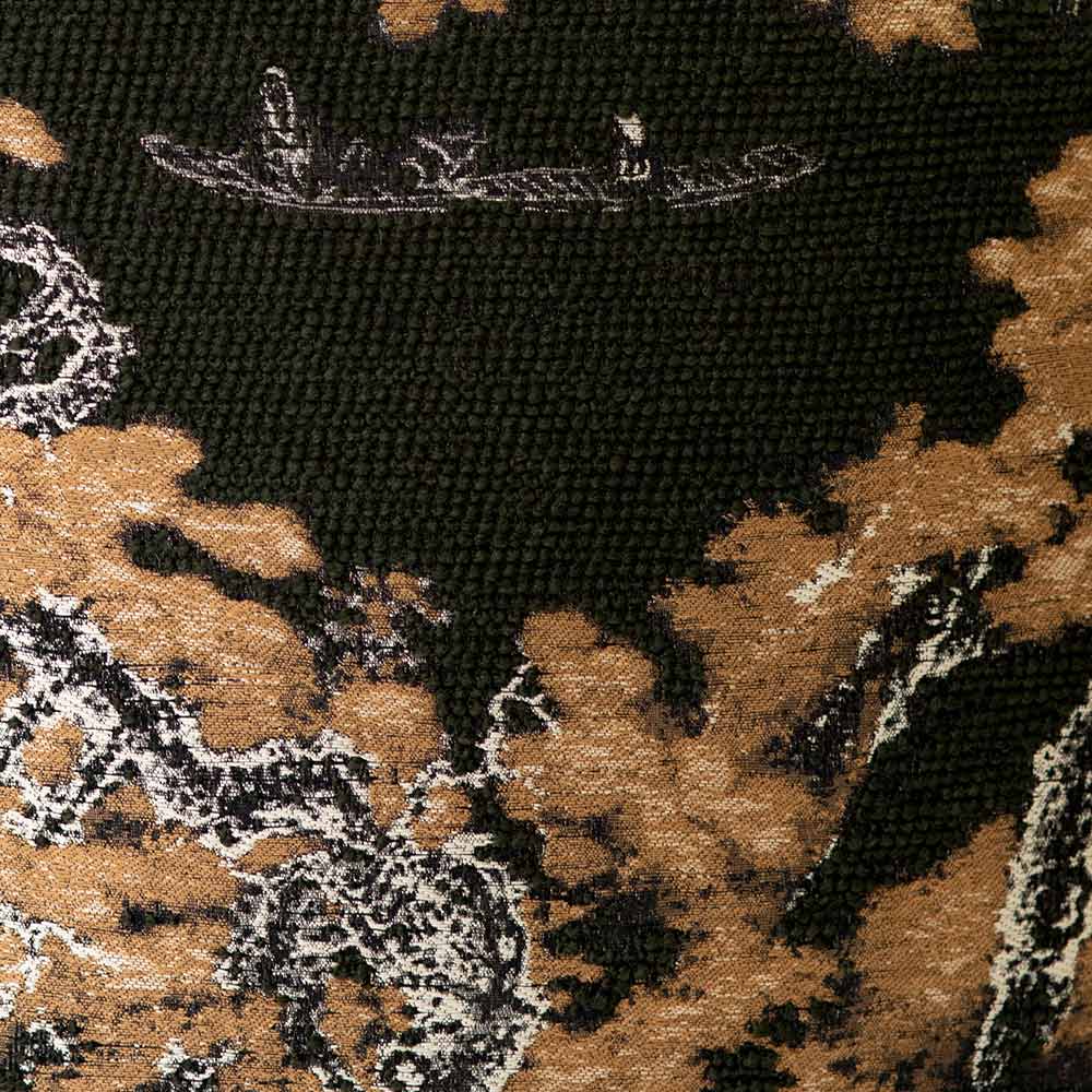 The Adachi Square Green Cushion (50x50cm) by Urban Road features a dark background with golden brown trees, abstract foliage, and a small boat—an elegant accent inspired by traditional Asian art for stylish interiors.