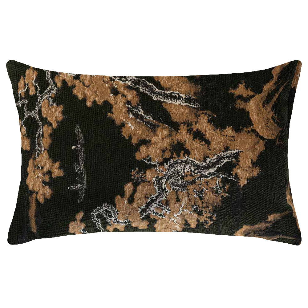 The Adachi Rectangle Green Cushion (50x30cm) by Urban Road features a dark background with golden brown trees, abstract foliage, and a small boat—an elegant accent inspired by traditional Asian art for stylish interiors.