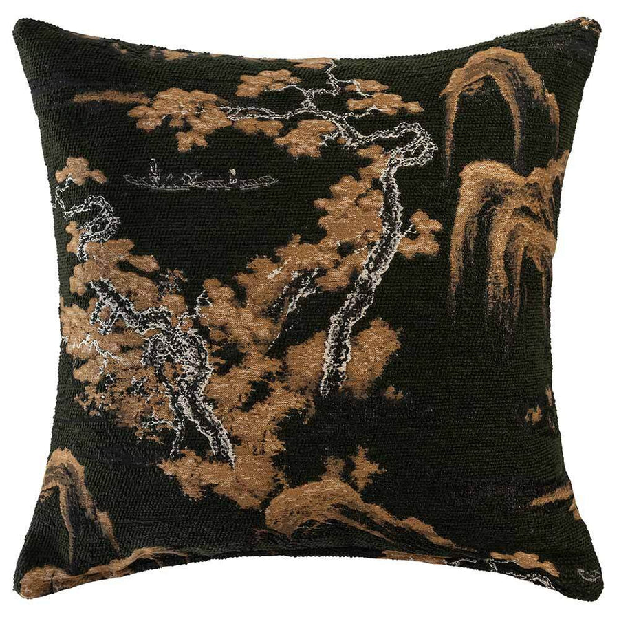 The Adachi Square Green Cushion (50x50cm) by Urban Road features a dark background with golden brown trees, abstract foliage, and a small boat—an elegant accent inspired by traditional Asian art for stylish interiors.