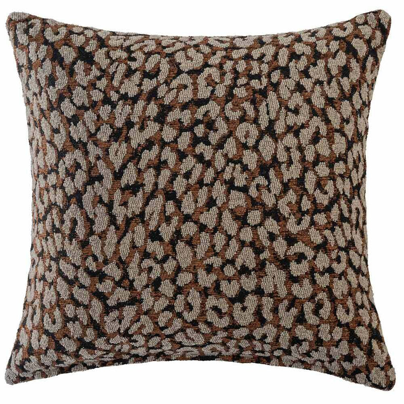 The Urban Road Foxshade Square Rust Cushion (50x50cm) features a luxury woven fabric with a brown, beige, and black abstract animal print, perfect for adding Darren Palmer-inspired style to your space. Shown against a white background.