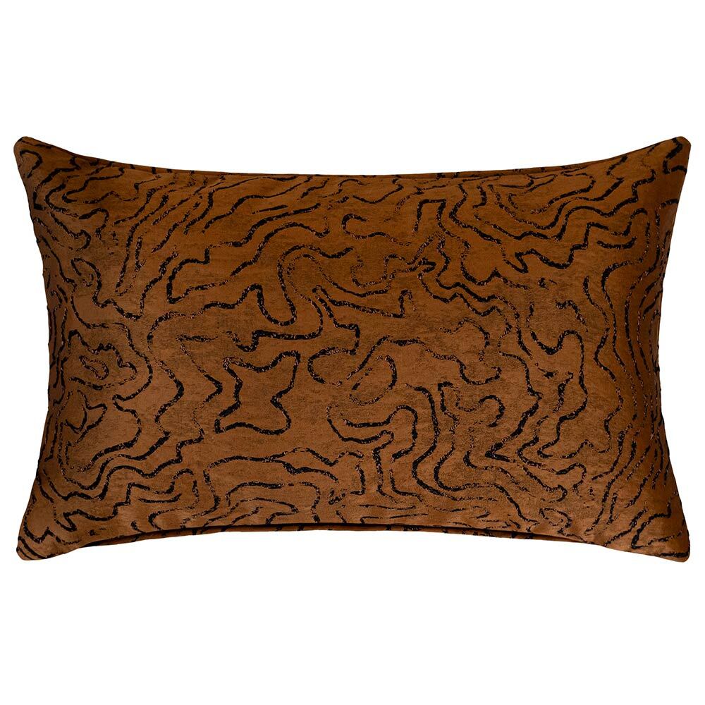 The Emberlane Lumbar Rust Cushion (50x30cm) by Urban Road features a rich brown textured finish with black abstract wavy lines, offering a plush, modern accent ideal for enhancing contemporary interiors.