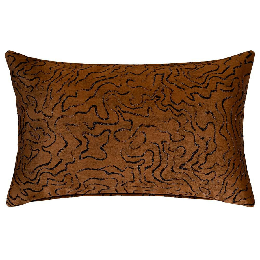 The Emberlane Lumbar Rust Cushion (50x30cm) by Urban Road features a rich brown textured finish with black abstract wavy lines, offering a plush, modern accent ideal for enhancing contemporary interiors.