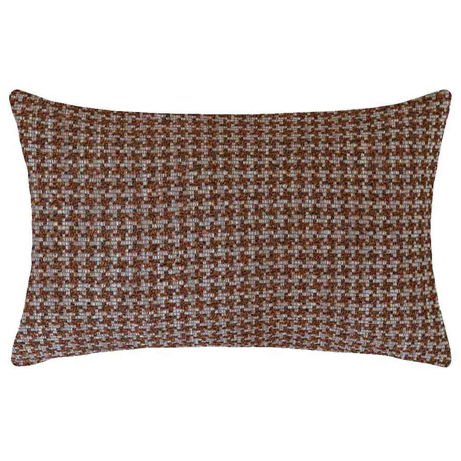 The Hearthstone Rectangle Rust Cushion by Urban Road (50x30cm) features a brown and white houndstooth pattern, pointed corners, and a luxe texture, making it a stylish accent inspired by Darren Palmer’s signature look.
