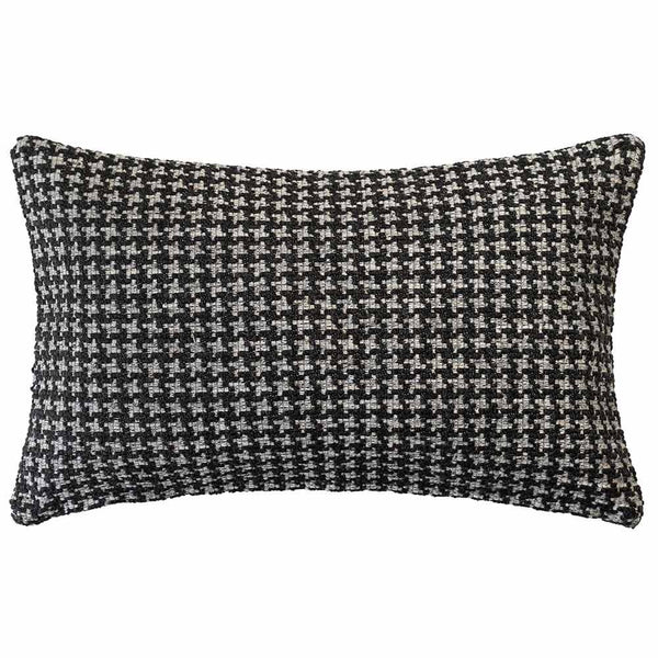 The Noirstone Lumbar Black-and-White Cushion by Urban Road (50x30cm) features a houndstooth pattern, ideal for enhancing interiors. Inspired by Darren Palmer and displayed on a crisp white background.