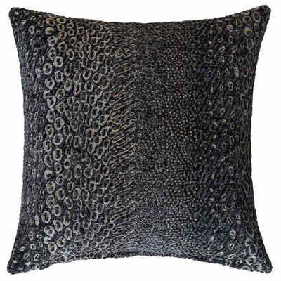 The Urban Road Nightshade Square Faux Snakeskin Cushion (50x50cm) features a textured dark gray and black circular woven design, perfect for adding a touch of luxury style to your interior.
