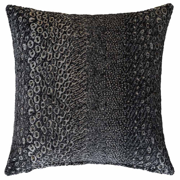 The Urban Road Nightshade Square Faux Snakeskin Cushion (50x50cm) features a textured dark gray and black circular woven design, perfect for adding a touch of luxury style to your interior.