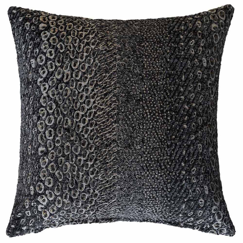 The Urban Road Nightshade Square Faux Snakeskin Cushion (50x50cm) features a textured dark gray and black circular woven design, perfect for adding a touch of luxury style to your interior.
