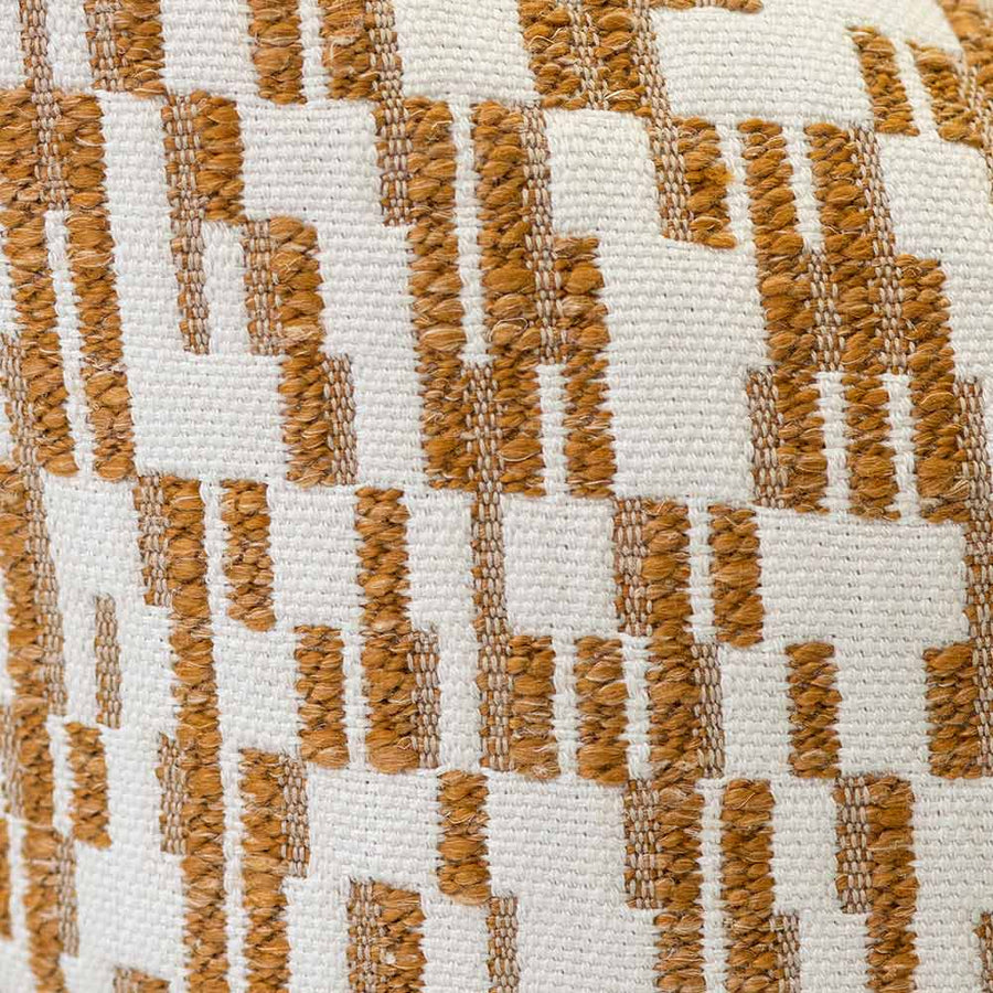 The Rye Square Neutral Cushion by Urban Road features a white background with a golden-brown geometric rectangular pattern, sized 50x50cm—an ideal decorative accent for elevating any interior.