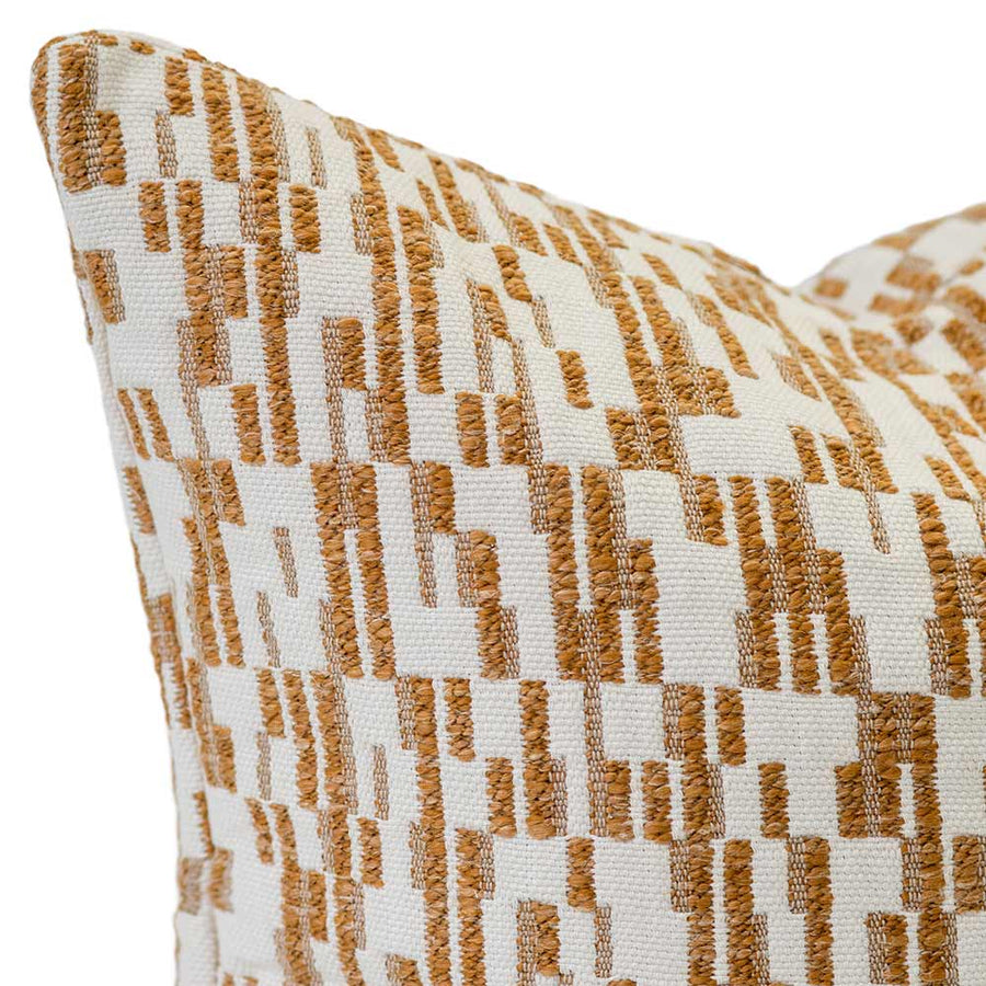 The Rye Square Neutral Cushion by Urban Road features a white background with a golden-brown geometric rectangular pattern, sized 50x50cm—an ideal decorative accent for elevating any interior.