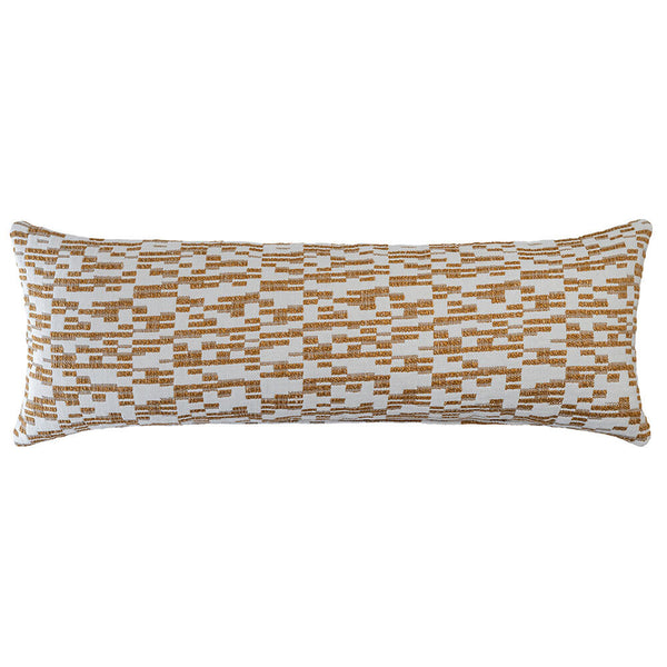 The Urban Road Rye Rectangle Neutral Cushion (90x30cm) features a white base with abstract gold and mustard geometric patterns, ideal for infusing contemporary style into your decor.