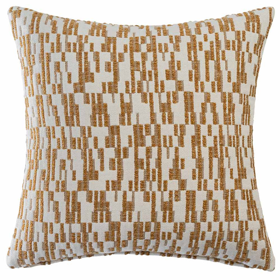 The Rye Square Neutral Cushion by Urban Road features a white background with a golden-brown geometric rectangular pattern, sized 50x50cm—an ideal decorative accent for elevating any interior.