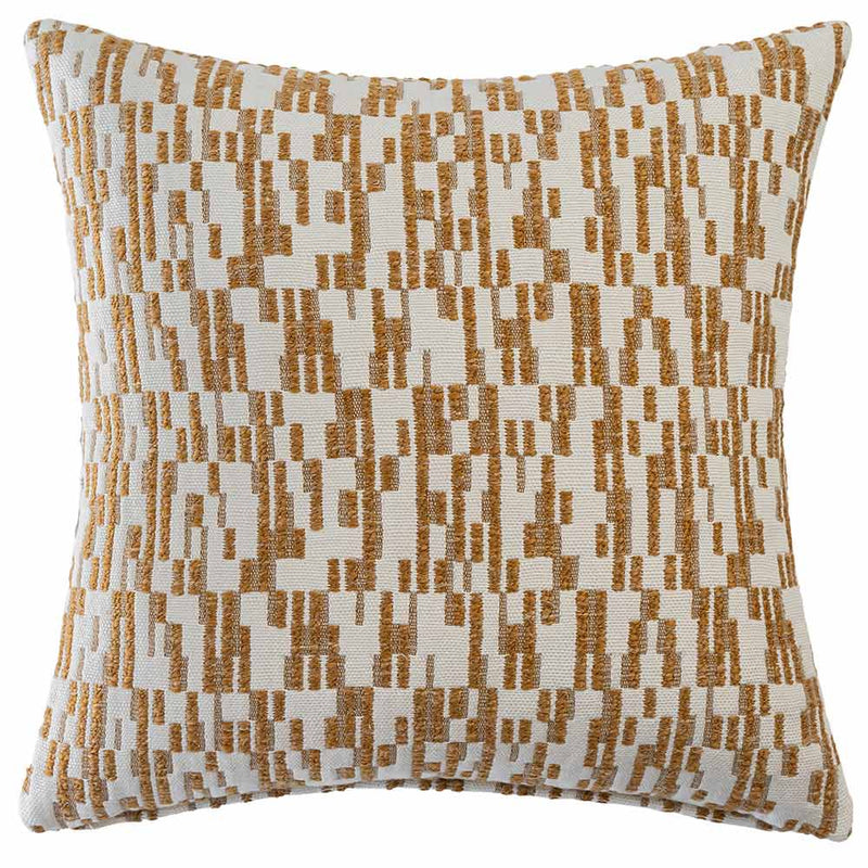 The Rye Square Neutral Cushion by Urban Road features a white background with a golden-brown geometric rectangular pattern, sized 50x50cm—an ideal decorative accent for elevating any interior.