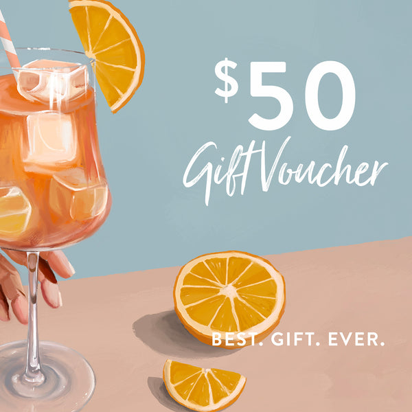 Give the BEST. GIFT. EVER. with an Urban Road AUS Urban Road Gift Voucher ($50) featuring a painted hand holding an iced drink with orange slices—instantly redeemable for any occasion at urbanroad.com.au!.