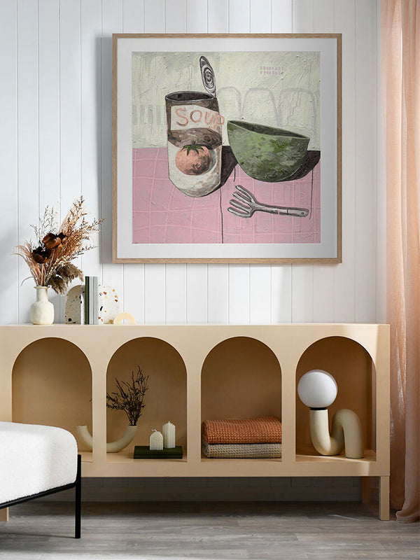 Eating Soup With A Fork Blush Pink Framed Art Print | Lifestyle