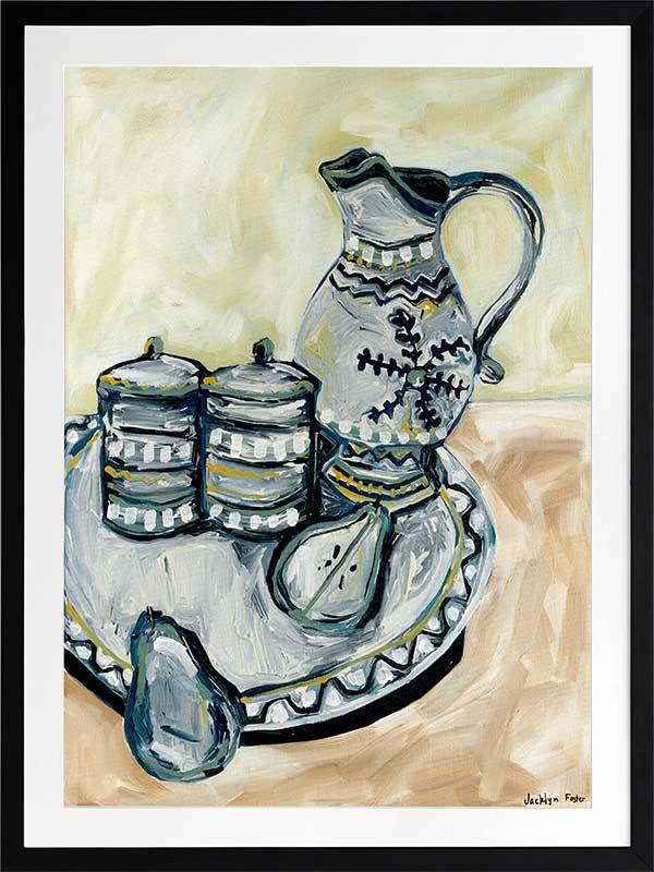 Still Life Tea Party Grey Framed Art Print