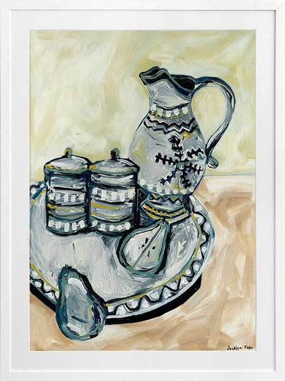 Still Life Tea Party Grey Framed Art Print