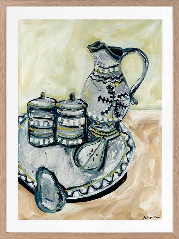 Still Life Tea Party Grey Framed Art Print