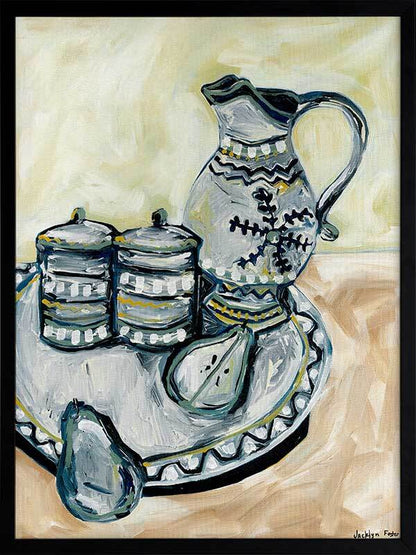 Still Life Tea Party Grey Framed Art Print