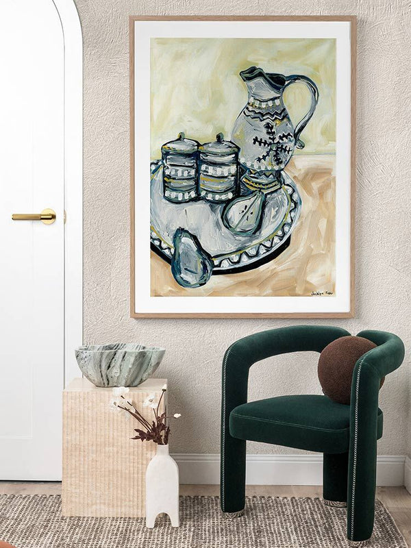 Still Life Tea Party Grey Framed Art Print | Lifestyle