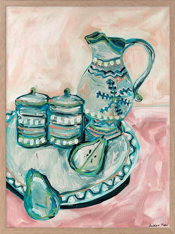 Still Life Tea Party Teal Framed Art Print