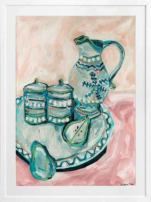 Still Life Tea Party Teal Framed Art Print