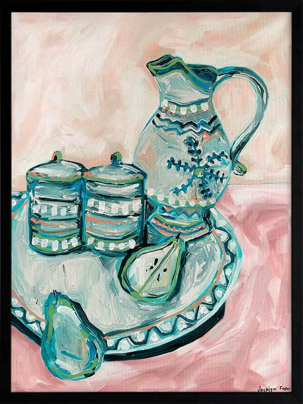 Still Life Tea Party Teal Framed Art Print