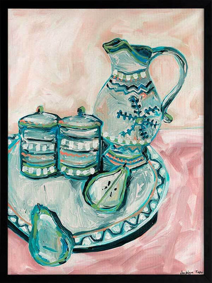 Still Life Tea Party Teal Framed Art Print