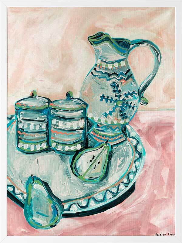 Still Life Tea Party Teal Framed Art Print