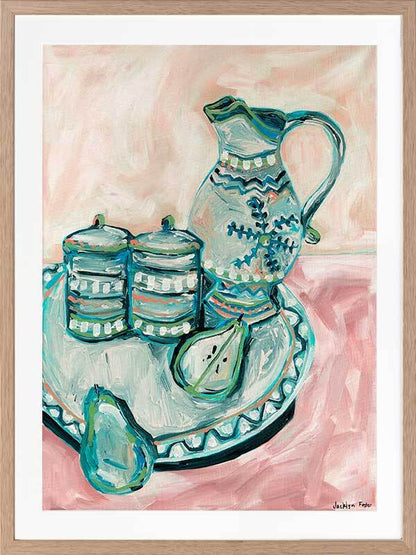 Still Life Tea Party Teal Framed Art Print