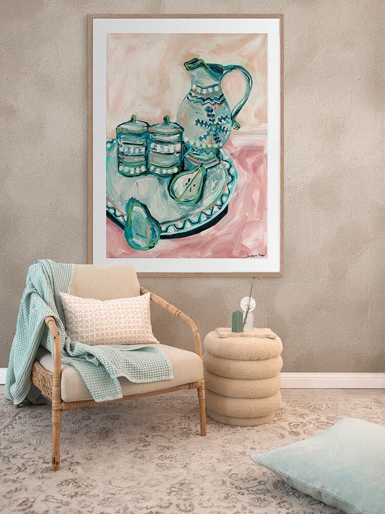 Still Life Tea Party Teal Framed Art Print