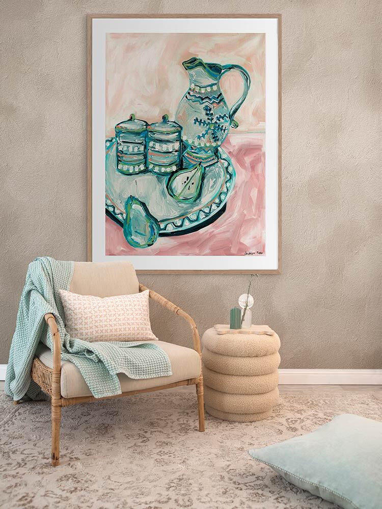 Still Life Tea Party Teal Framed Art Print | Lifestyle