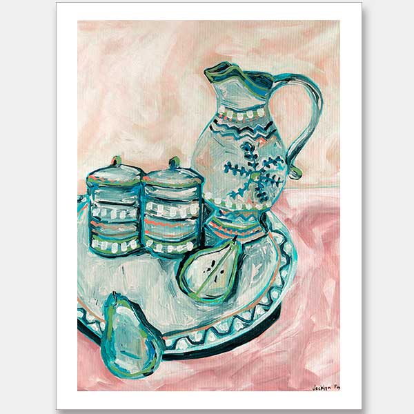 Still Life Tea Party Teal Unframed Art Print