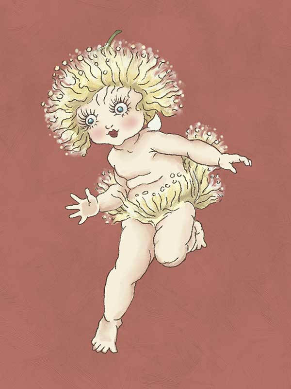 Discover "Gum Blossom Baby I Terracotta Canvas Art Print" by Urban Road, inspired by May Gibbs and featuring a fairy-like child with fluffy yellow hair and petal skirt on a muted reddish-brown background.