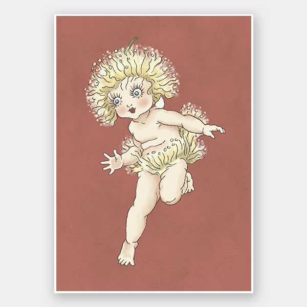The Gum Blossom Baby I Terracotta Unframed Art Print by Urban Road features a whimsical May Gibbs-inspired character with large eyes and a flower-like headdress, posed mid-step against a muted reddish background reminiscent of Australian flora.