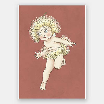 The Gum Blossom Baby I Terracotta Unframed Art Print by Urban Road features a whimsical May Gibbs-inspired character with large eyes and a flower-like headdress, posed mid-step against a muted reddish background reminiscent of Australian flora.