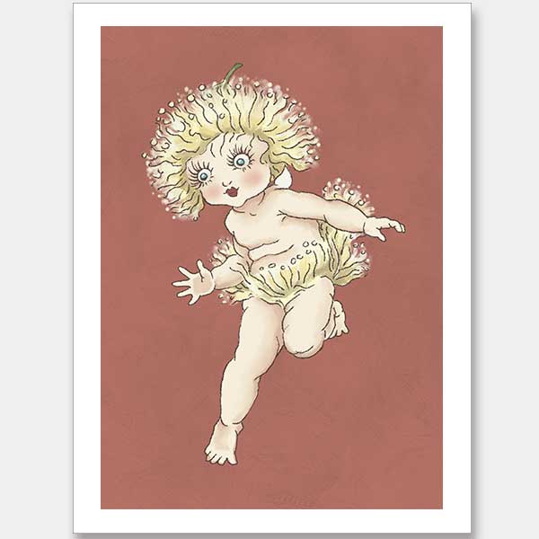 The Gum Blossom Baby I Terracotta Unframed Art Print by Urban Road features a whimsical May Gibbs-inspired character with large eyes and a flower-like headdress, posed mid-step against a muted reddish background reminiscent of Australian flora.