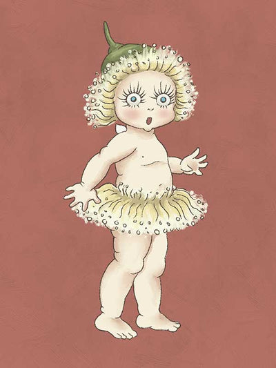 Gum Blossom Baby II Terracotta Canvas Art Print by Urban Road features a wide-eyed, surprised Gum Blossom Baby in a yellow tutu and floral headpiece, set against a muted reddish-brown background inspired by May Gibbs.