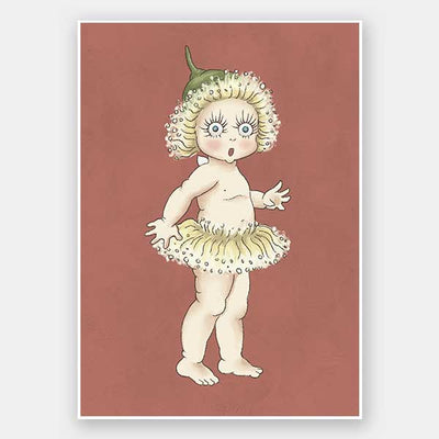 The Gum Blossom Baby II Terracotta Unframed Art Print by Urban Road features a surprised gum blossom baby in a green cap and petal tutu, standing on tiptoe against a reddish-brown background, inspired by May Gibbs and Australian flora.