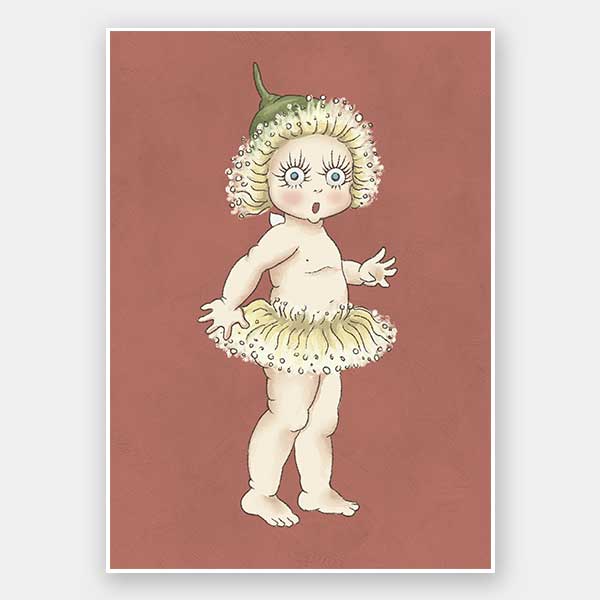 The Gum Blossom Baby II Terracotta Unframed Art Print by Urban Road features a surprised gum blossom baby in a green cap and petal tutu, standing on tiptoe against a reddish-brown background, inspired by May Gibbs and Australian flora.