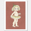 The Gum Blossom Baby II Terracotta Unframed Art Print by Urban Road features a surprised gum blossom baby in a green cap and petal tutu, standing on tiptoe against a reddish-brown background, inspired by May Gibbs and Australian flora.