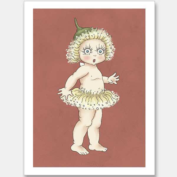 The Gum Blossom Baby II Terracotta Unframed Art Print by Urban Road features a surprised gum blossom baby in a green cap and petal tutu, standing on tiptoe against a reddish-brown background, inspired by May Gibbs and Australian flora.