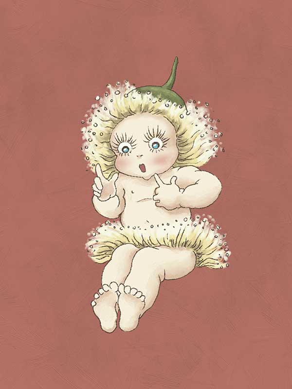 The Urban Road Gum Blossom Baby III Terracotta Canvas Art Print features a cute baby with wide blue eyes, fluffy blonde hair, a green hat, and a white petal dress flashing a peace sign on a rich terracotta background.