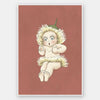The Urban Road Gum Blossom Baby III Terracotta Unframed Art Print features a cartoon baby with large green eyes, rosy cheeks, and a dandelion-like flower costume, sitting and looking surprised against a terracotta background.