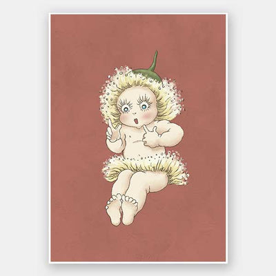 The Urban Road Gum Blossom Baby III Terracotta Unframed Art Print features a cartoon baby with large green eyes, rosy cheeks, and a dandelion-like flower costume, sitting and looking surprised against a terracotta background.