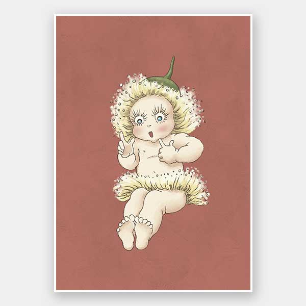 The Urban Road Gum Blossom Baby III Terracotta Unframed Art Print features a cartoon baby with large green eyes, rosy cheeks, and a dandelion-like flower costume, sitting and looking surprised against a terracotta background.
