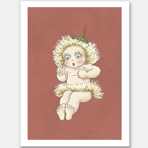 The Urban Road Gum Blossom Baby III Terracotta Unframed Art Print features a cartoon baby with large green eyes, rosy cheeks, and a dandelion-like flower costume, sitting and looking surprised against a terracotta background.