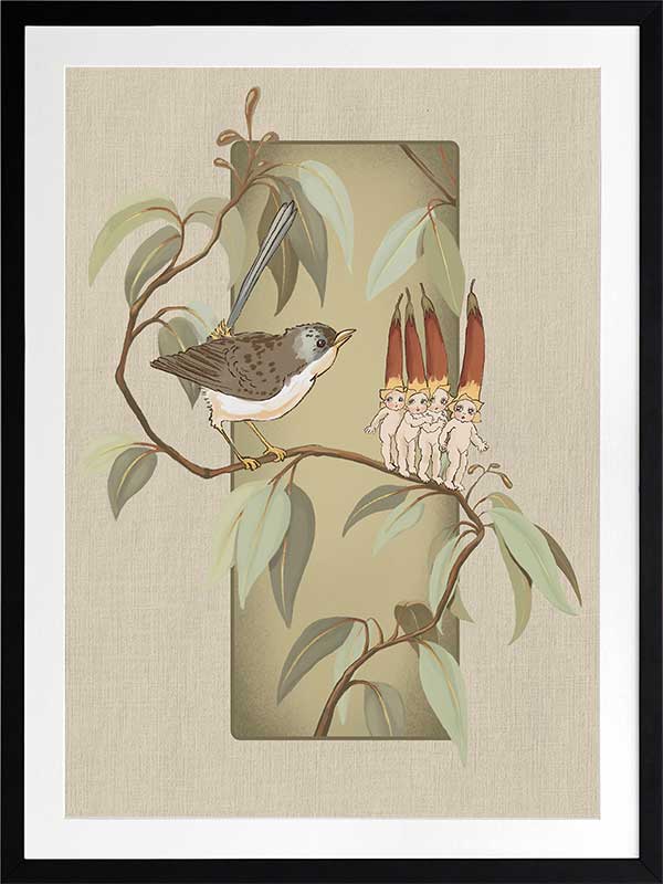A Song for the Native Fuchsia Babies Olive Green Framed Art Print