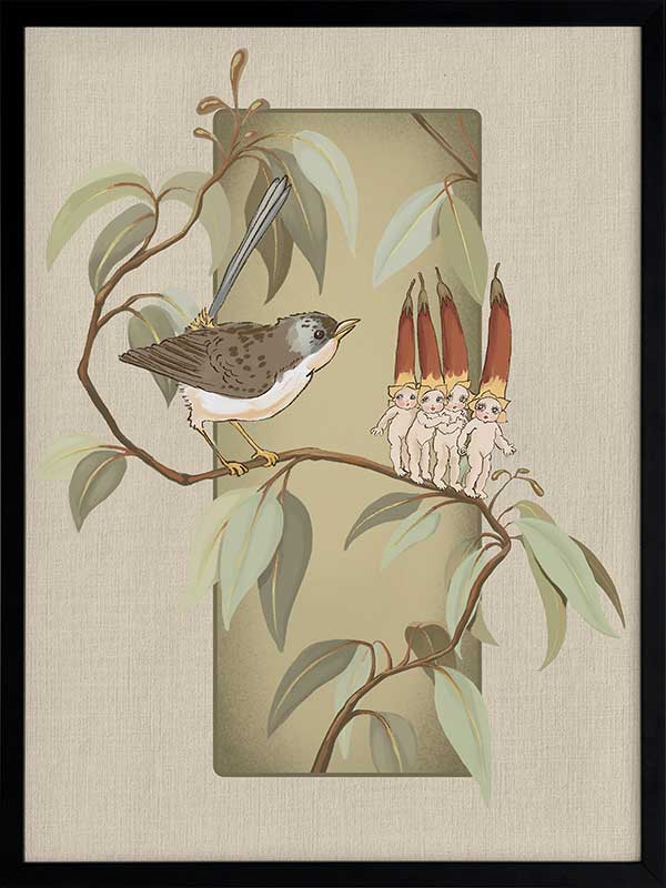 A Song for the Native Fuchsia Babies Olive Green Framed Art Print