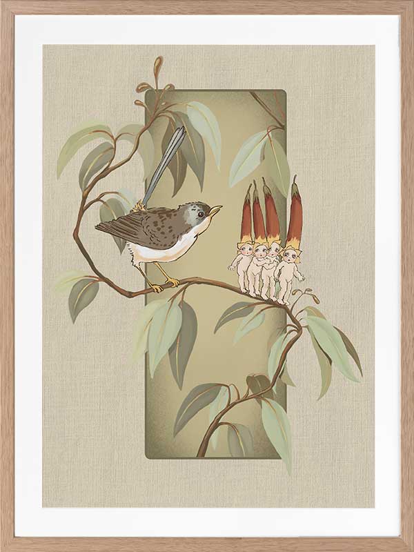 A Song for the Native Fuchsia Babies Olive Green Framed Art Print