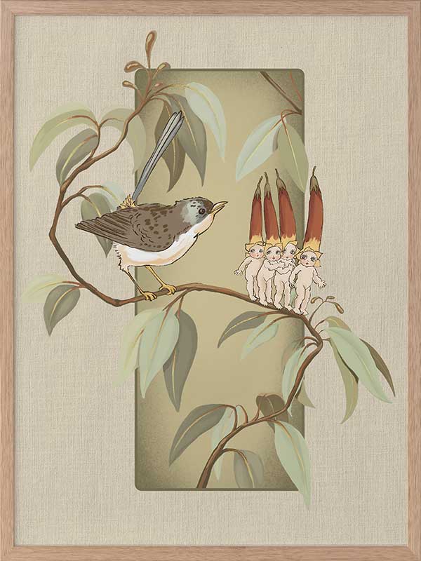 A Song for the Native Fuchsia Babies Olive Green Framed Art Print